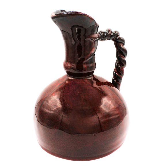 Mediterranean Style Ceramic Pottery Pitcher Burgundy Red 10" Braided Rope Handle - Picture 2 of 7